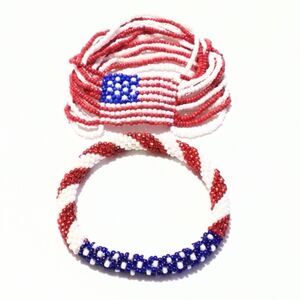 Set of Two Red White and Blue Patriotic Seed Bead Woven Bracelets